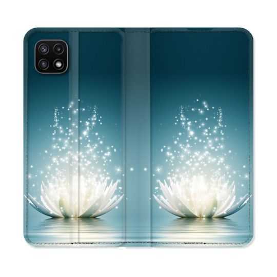 Housse cuir portefeuille Pour Samsung Galaxy A22 5G Fleur Lotus Blanc