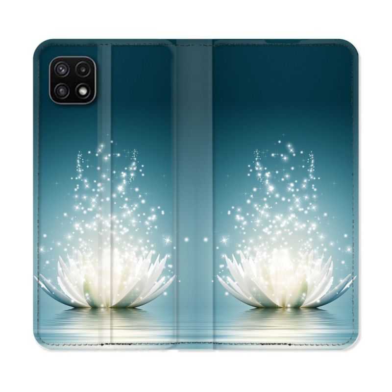 Housse cuir portefeuille Pour Samsung Galaxy A22 5G Fleur Lotus Blanc