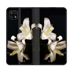 Housse cuir portefeuille Pour Samsung Galaxy A22 5G Fleur Lys Noir