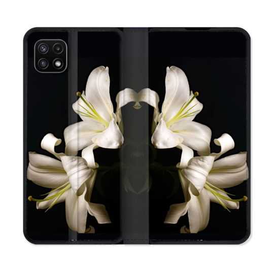 Housse cuir portefeuille Pour Samsung Galaxy A22 5G Fleur Lys Noir