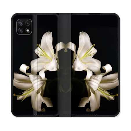 Housse cuir portefeuille Pour Samsung Galaxy A22 5G Fleur Lys Noir