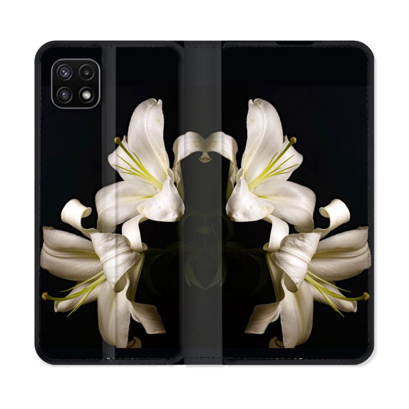 Housse cuir portefeuille Pour Samsung Galaxy A22 5G Fleur Lys Noir