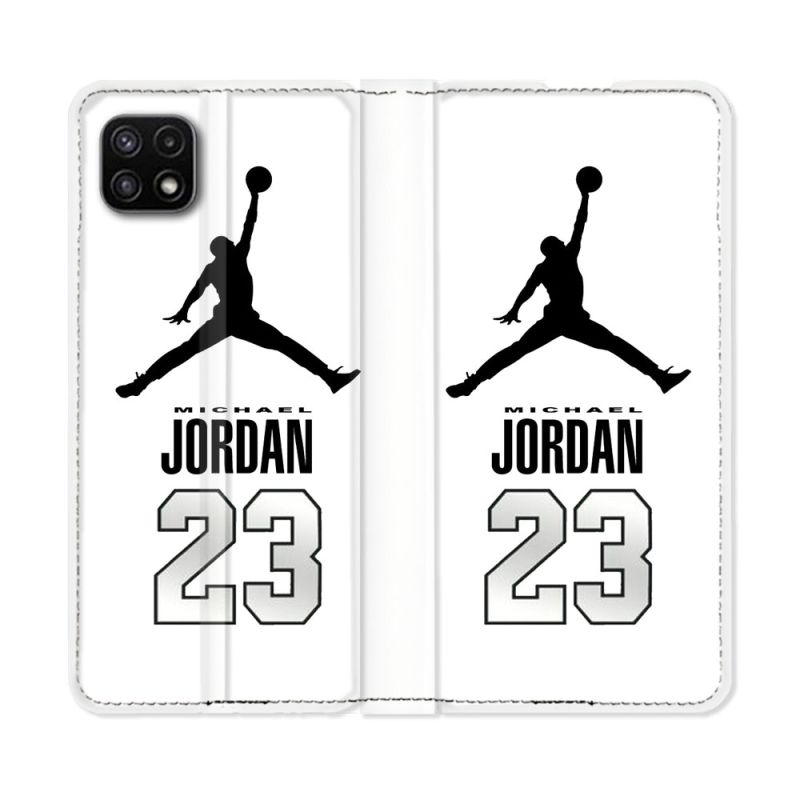 Housse cuir portefeuille Pour Samsung Galaxy A22 5G Jordan 23 Blanc