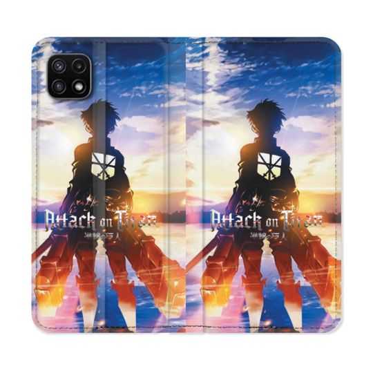 Housse cuir portefeuille Pour Samsung Galaxy A22 5G Manga Attaque Titans Soleil