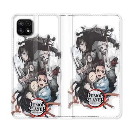 Housse cuir portefeuille Pour Samsung Galaxy A22 5G Manga Demon Slayer Blanc