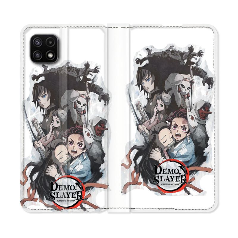 Housse cuir portefeuille Pour Samsung Galaxy A22 5G Manga Demon Slayer Blanc