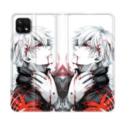 Housse cuir portefeuille Pour Samsung Galaxy A22 5G Manga Tokyo Ghoul Kaneki Blanc