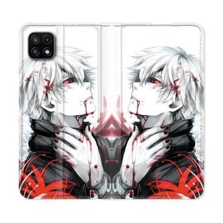 Housse cuir portefeuille Pour Samsung Galaxy A22 5G Manga Tokyo Ghoul Kaneki Blanc