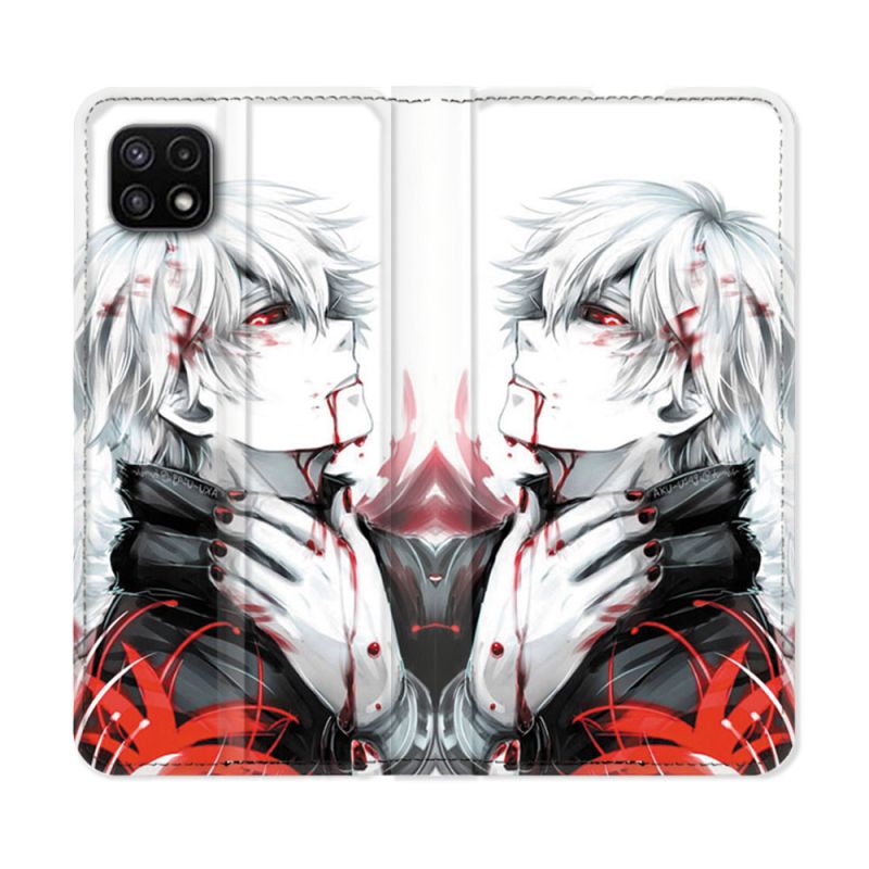 Housse cuir portefeuille Pour Samsung Galaxy A22 5G Manga Tokyo Ghoul Kaneki Blanc