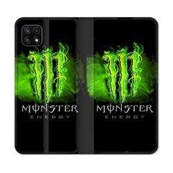 Housse cuir portefeuille Pour Samsung Galaxy A22 5G Monster Energy Vert