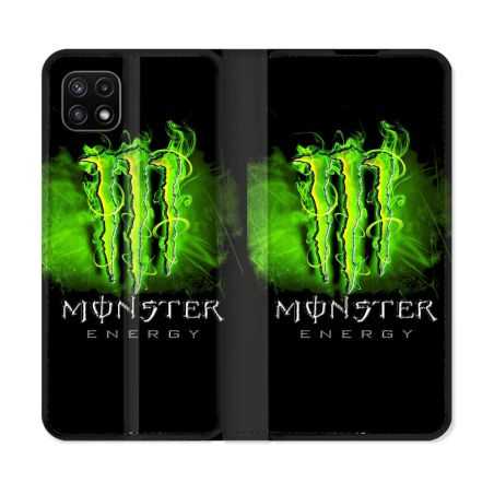 Housse cuir portefeuille Pour Samsung Galaxy A22 5G Monster Energy Vert
