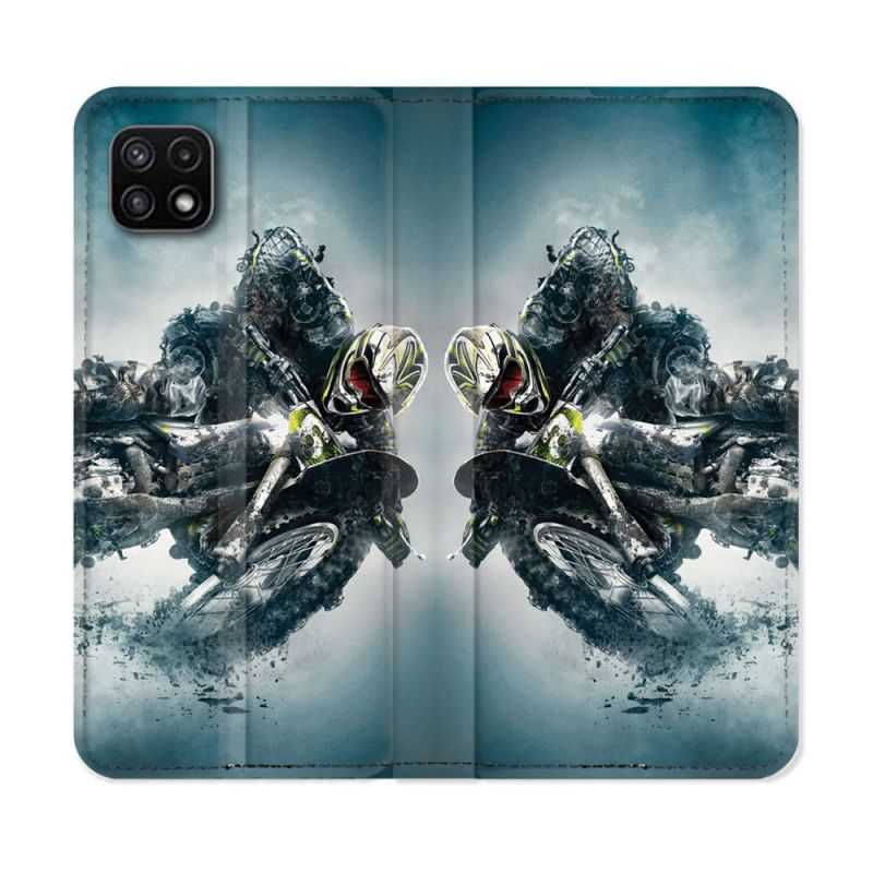 Housse cuir portefeuille Pour Samsung Galaxy A22 5G Moto Cross Ombre