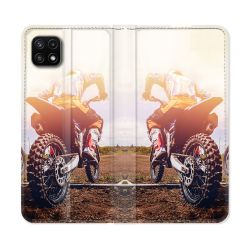 Housse cuir portefeuille Pour Samsung Galaxy A22 5G Moto Cross Soleil