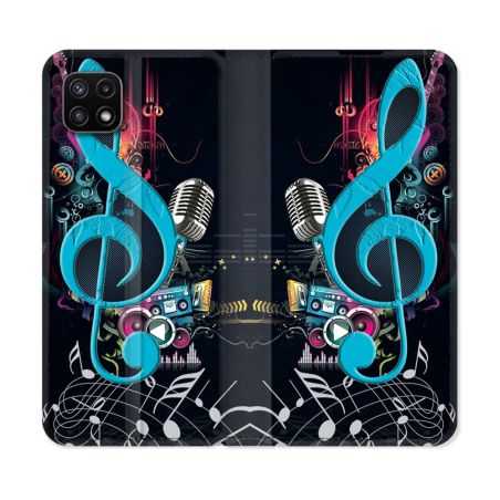 Housse cuir portefeuille Pour Samsung Galaxy A22 5G Musique Cle Sol Bleu