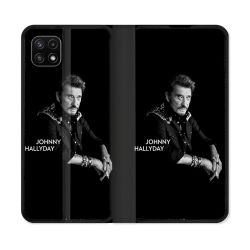 Housse cuir portefeuille Pour Samsung Galaxy A22 5G Musique Johnny Hallyday Noir