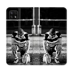 Housse cuir portefeuille Pour Samsung Galaxy A22 5G Sport Rugby Noir Blanc