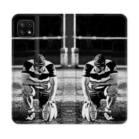 Housse cuir portefeuille Pour Samsung Galaxy A22 5G Sport Rugby Noir Blanc