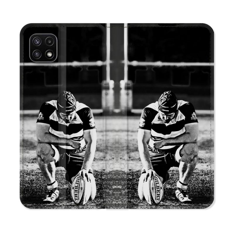 Housse cuir portefeuille Pour Samsung Galaxy A22 5G Sport Rugby Noir Blanc