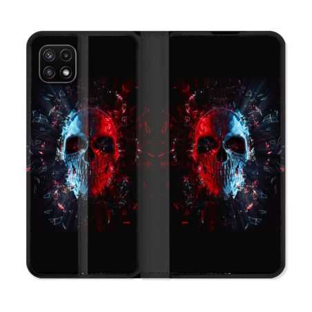Housse cuir portefeuille Pour Samsung Galaxy A22 5G Tete de Mort Deflagration