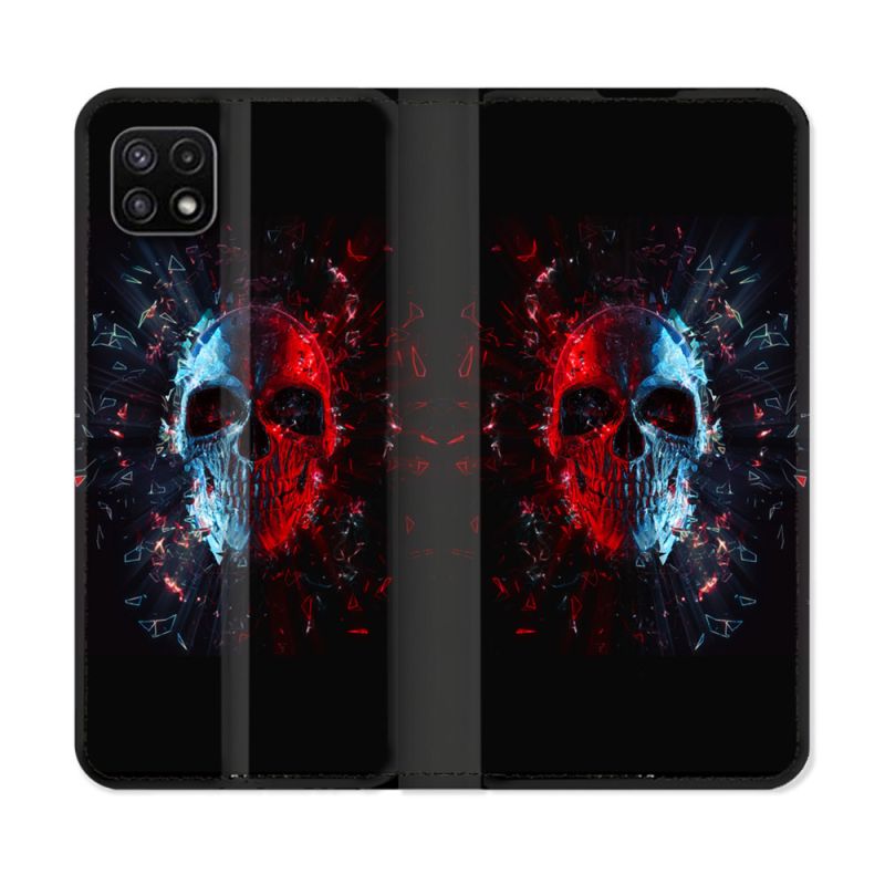Housse cuir portefeuille Pour Samsung Galaxy A22 5G Tete de Mort Deflagration