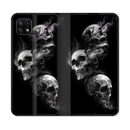 Housse cuir portefeuille Pour Samsung Galaxy A22 5G Tete de Mort Triple
