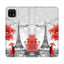 Housse cuir portefeuille Pour Samsung Galaxy A22 5G Voyage France Paris Rouge