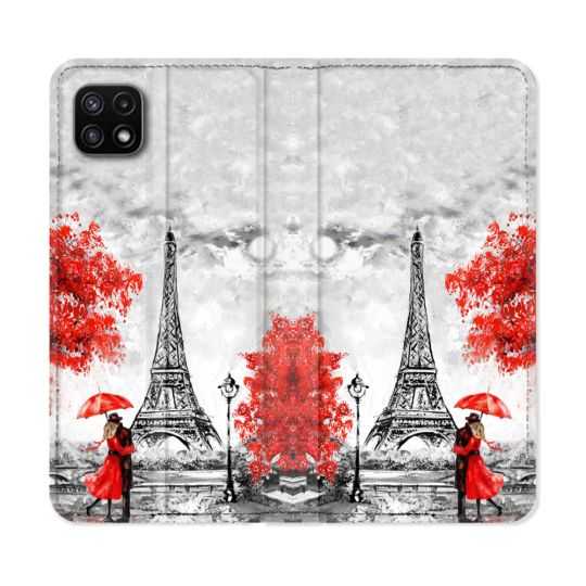 Housse cuir portefeuille Pour Samsung Galaxy A22 5G Voyage France Paris Rouge