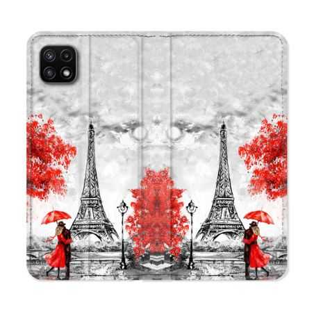 Housse cuir portefeuille Pour Samsung Galaxy A22 5G Voyage France Paris Rouge