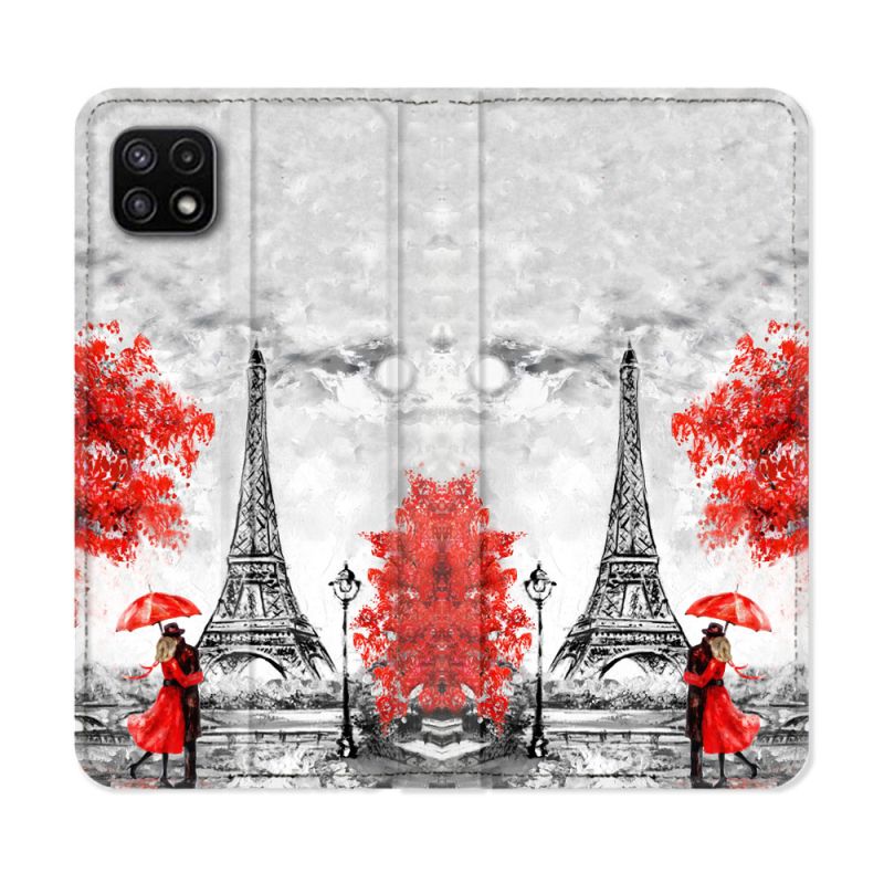 Housse cuir portefeuille Pour Samsung Galaxy A22 5G Voyage France Paris Rouge