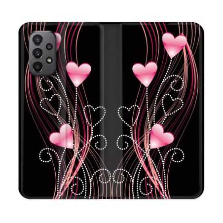 Housse cuir portefeuille Pour Samsung Galaxy A23 5G Amour Coeur Rose Montant sur Noir