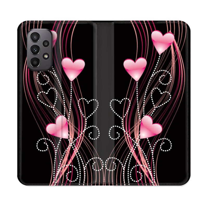Housse cuir portefeuille Pour Samsung Galaxy A23 5G Amour Coeur Rose Montant sur Noir