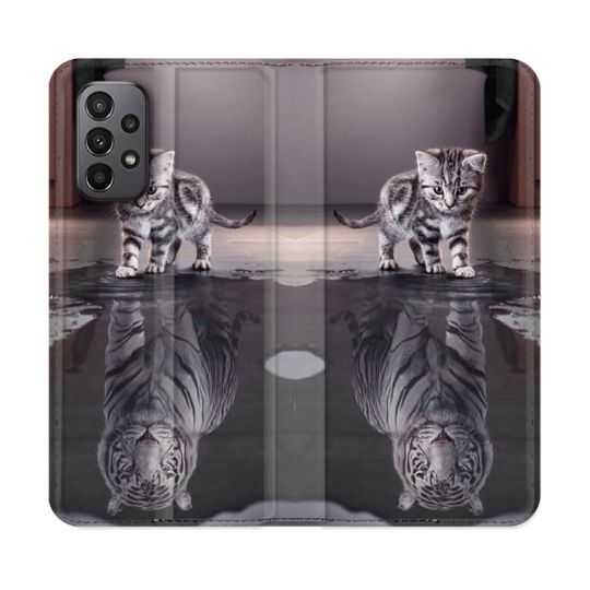 Housse cuir portefeuille Pour Samsung Galaxy A23 5G Animal Chat Reflet