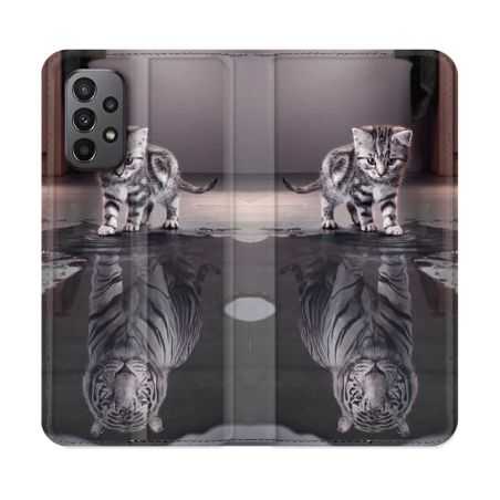 Housse cuir portefeuille Pour Samsung Galaxy A23 5G Animal Chat Reflet