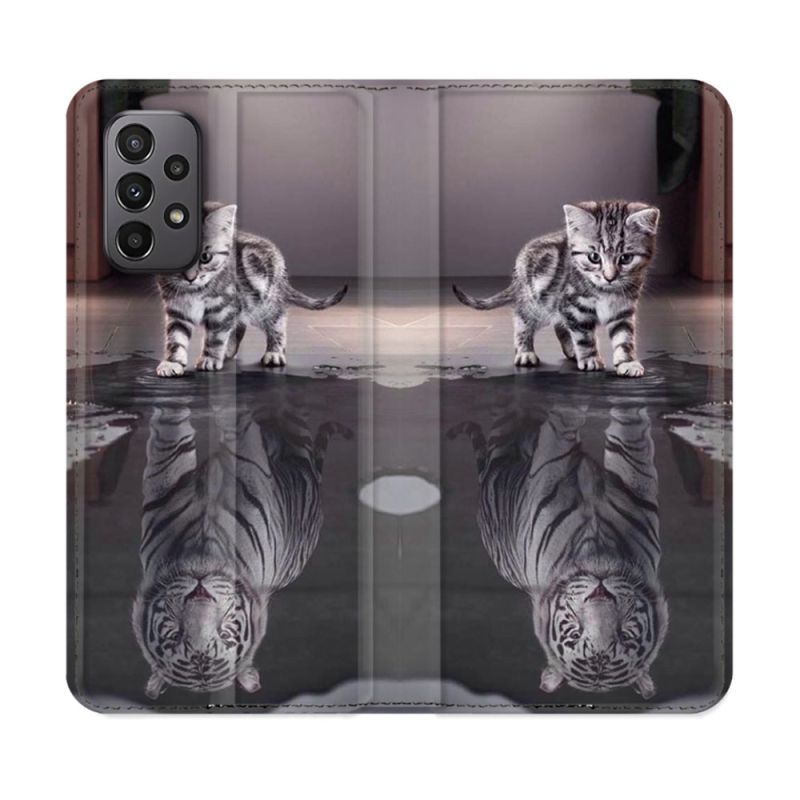Housse cuir portefeuille Pour Samsung Galaxy A23 5G Animal Chat Reflet