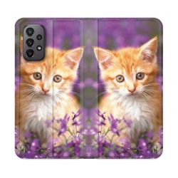 Housse cuir portefeuille Pour Samsung Galaxy A23 5G Animal Chat Violet