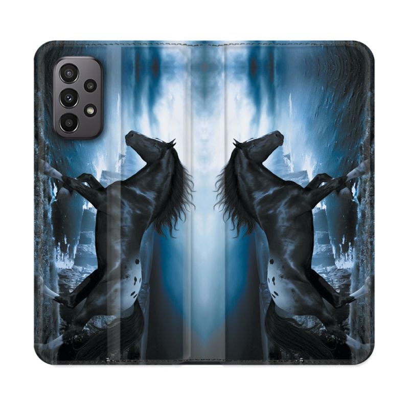 Housse cuir portefeuille Pour Samsung Galaxy A23 5G Animal Cheval Noir