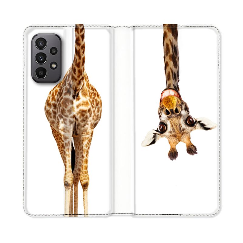 Housse cuir portefeuille Pour Samsung Galaxy A23 5G Animal Girafe Blanche