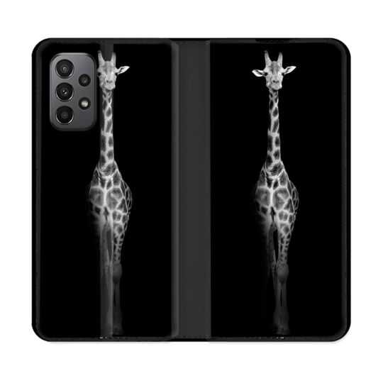 Housse cuir portefeuille Pour Samsung Galaxy A23 5G Animal Girafe Noire