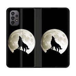 Housse cuir portefeuille Pour Samsung Galaxy A23 5G Animal Loup Noir