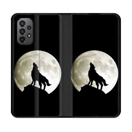 Housse cuir portefeuille Pour Samsung Galaxy A23 5G Animal Loup Noir