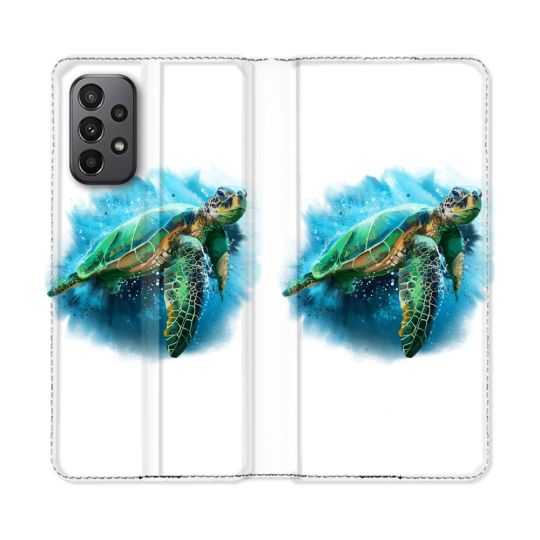 Housse cuir portefeuille Pour Samsung Galaxy A23 5G Animal Tortue Blanche multicolore