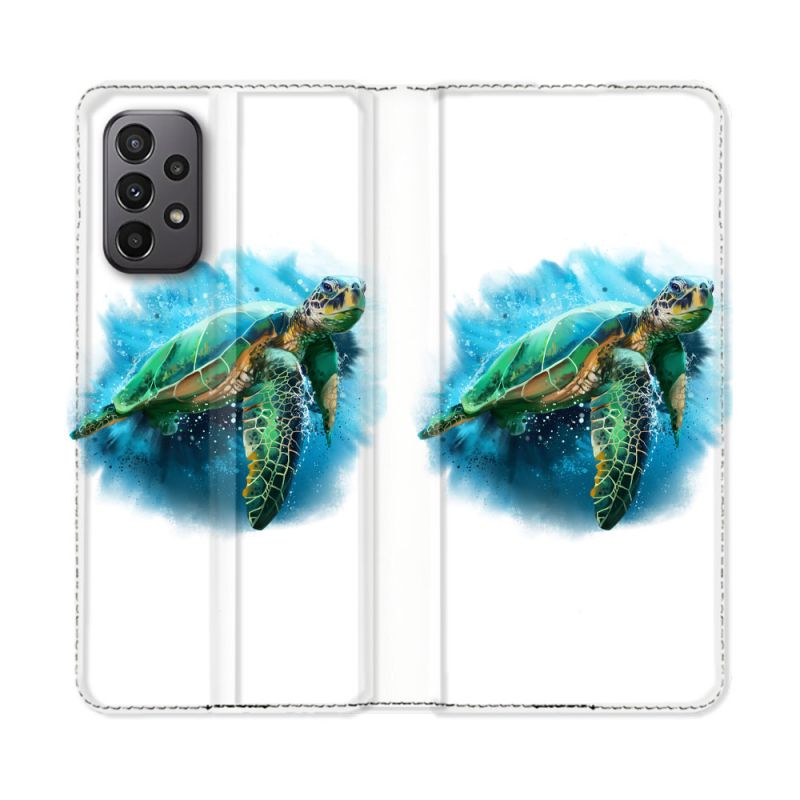 Housse cuir portefeuille Pour Samsung Galaxy A23 5G Animal Tortue Blanche multicolore