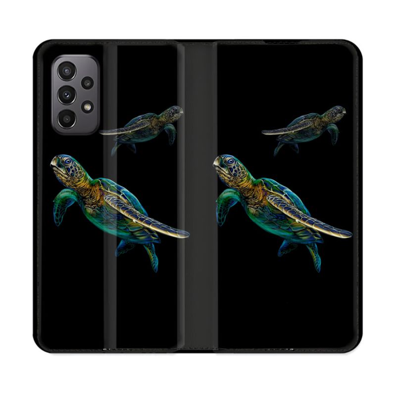 Housse cuir portefeuille Pour Samsung Galaxy A23 5G Animal Tortue Noire multicolore