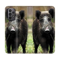 Housse cuir portefeuille Pour Samsung Galaxy A23 5G Chasse Sanglier bois