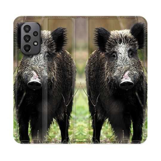 Housse cuir portefeuille Pour Samsung Galaxy A23 5G Chasse Sanglier bois