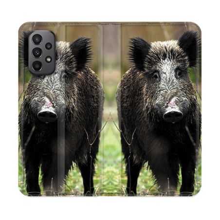 Housse cuir portefeuille Pour Samsung Galaxy A23 5G Chasse Sanglier bois