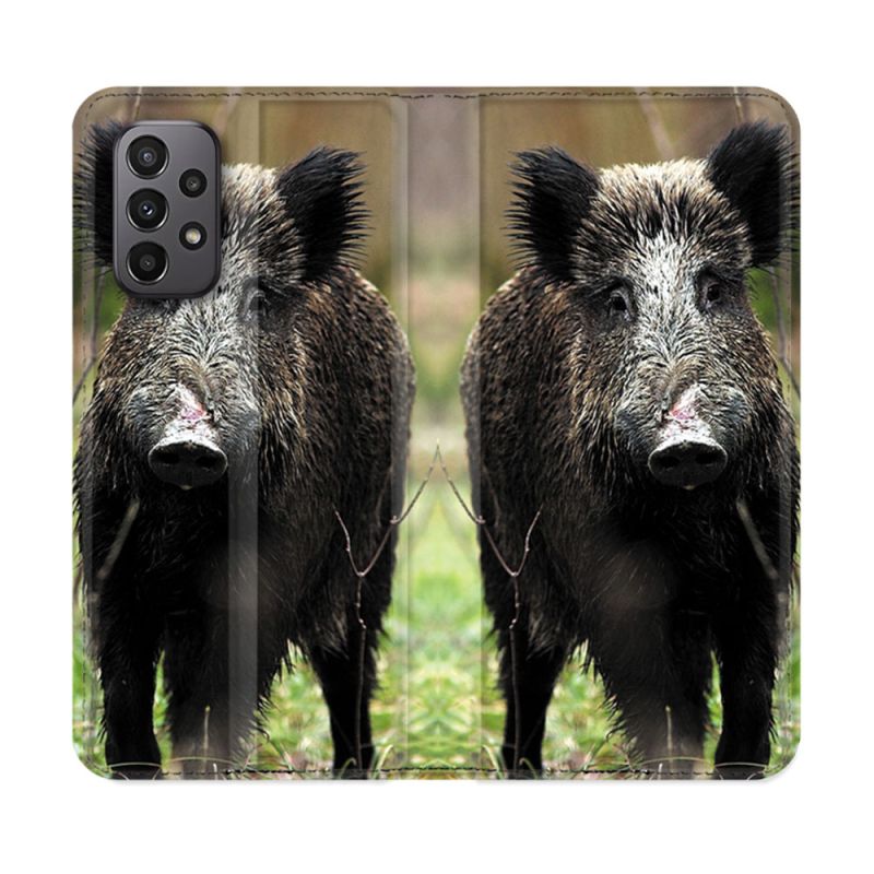 Housse cuir portefeuille Pour Samsung Galaxy A23 5G Chasse Sanglier bois