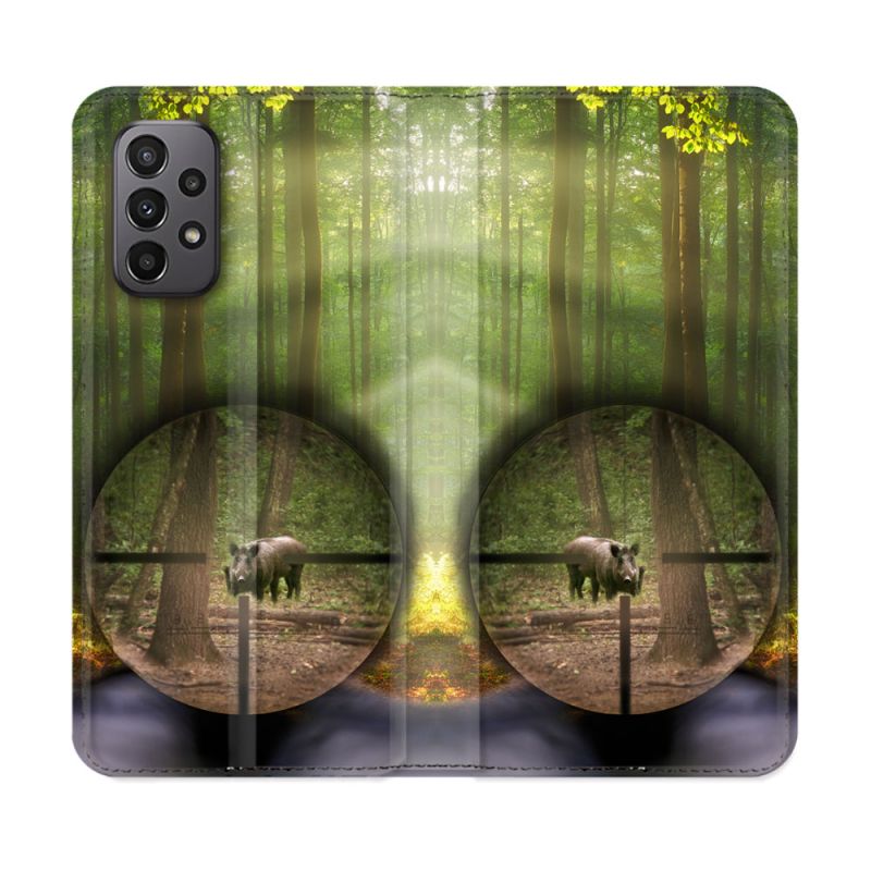 Housse cuir portefeuille Pour Samsung Galaxy A23 5G Chasse Sanglier Viseur