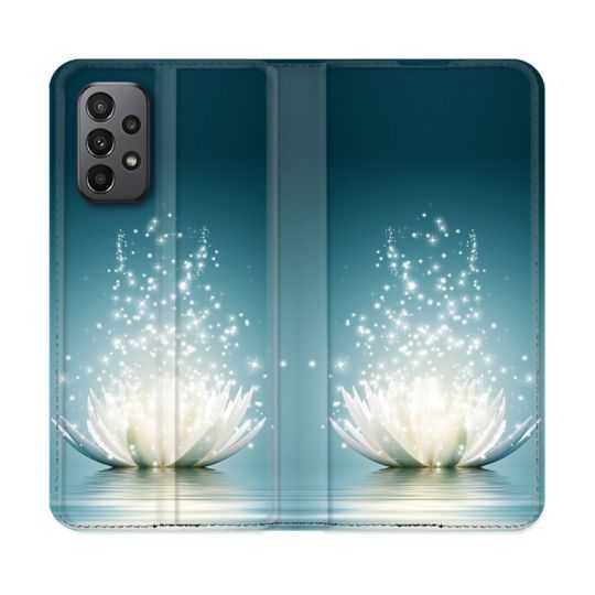 Housse cuir portefeuille Pour Samsung Galaxy A23 5G Fleur Lotus Blanc