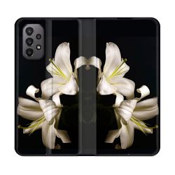 Housse cuir portefeuille Pour Samsung Galaxy A23 5G Fleur Lys Noir